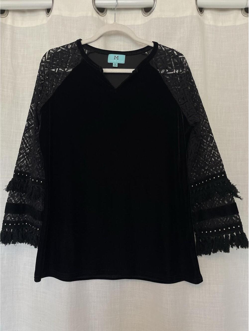 Black VelvetTeen Lace Studded Long Sleeve Boho Chic Festival Shirt Blouse Size M